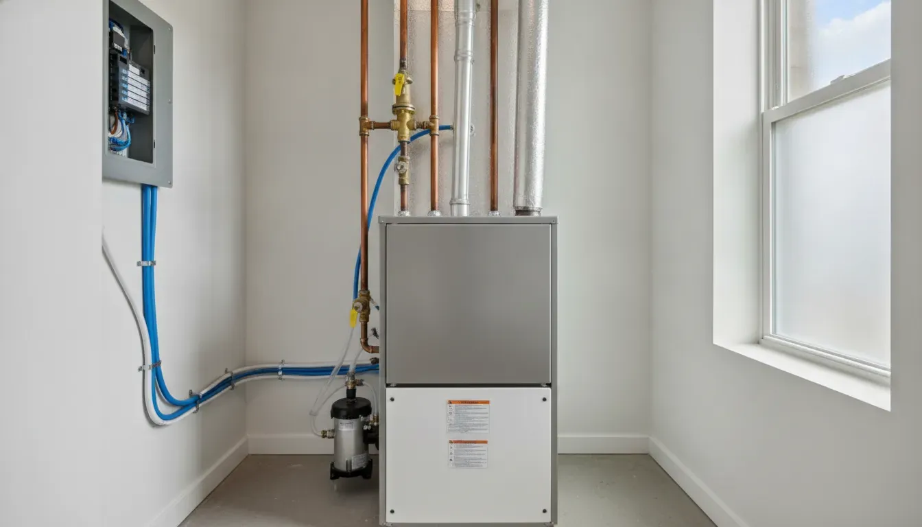 Carrier gas furnace installed in a neat Dallas-Fort Worth home garage, showing professional HVAC installation