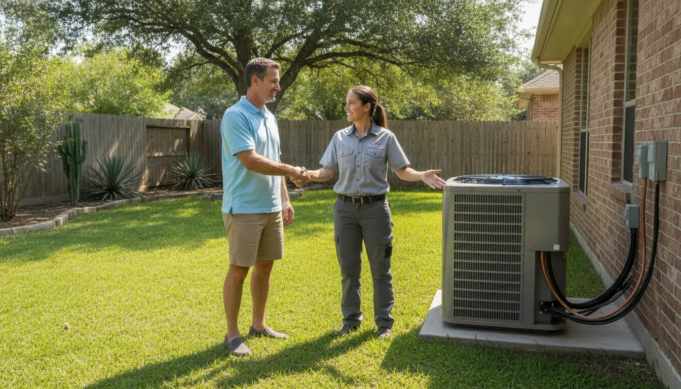 Technician and homeowner reviewing a newly installed AC condenser in a Texas backyard