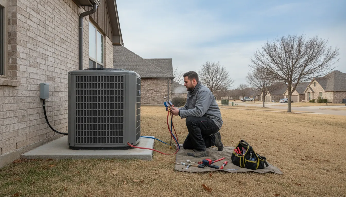 HVAC technician inspecting a Carrier heat pump in North Texas