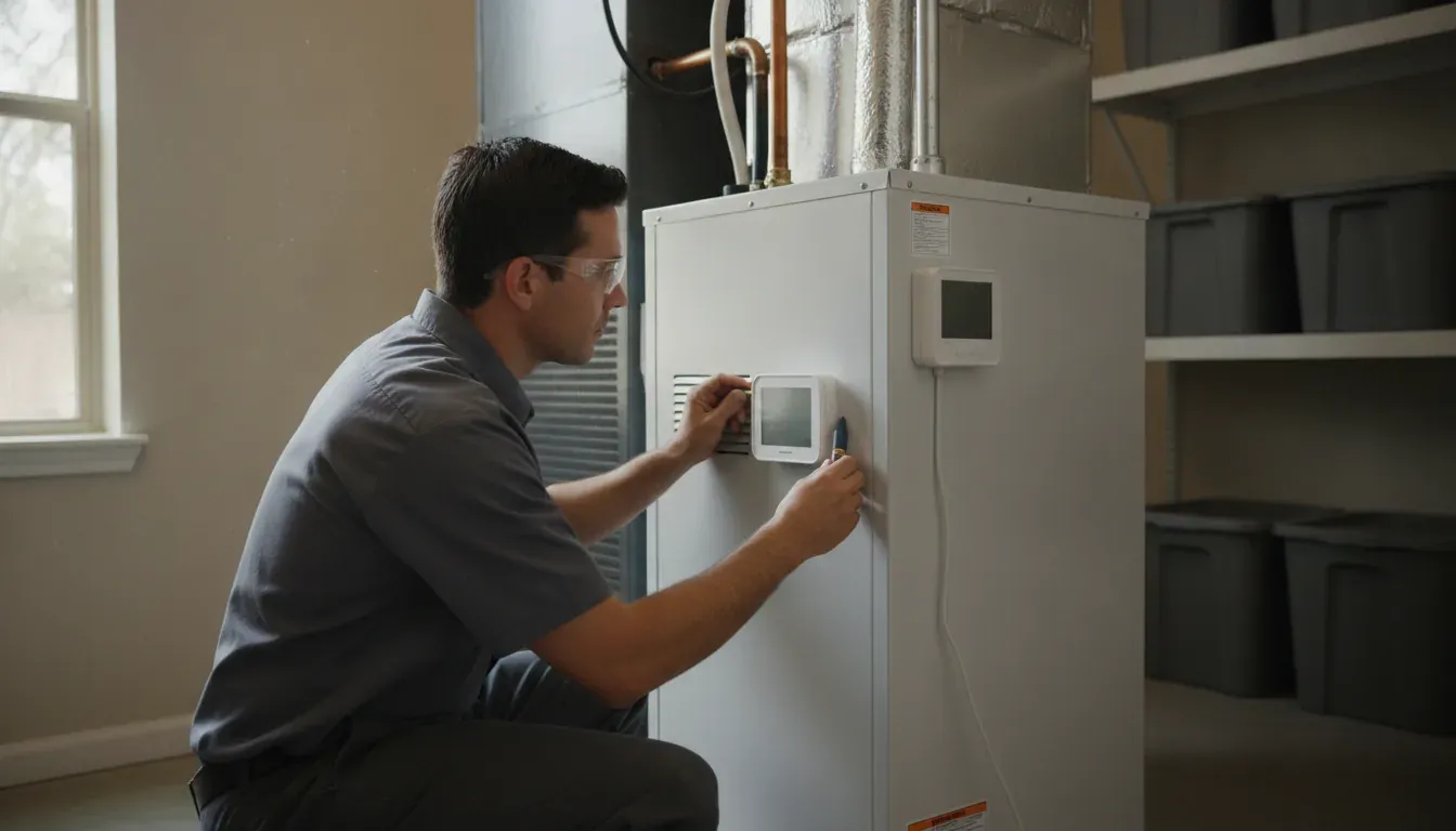 HVAC technician inspecting a heat pump indoor unit
