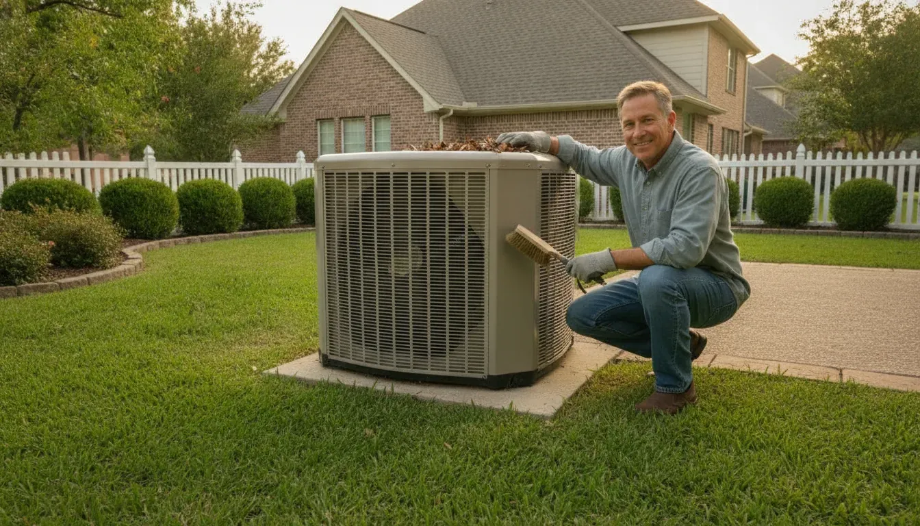 Homeowner clearing loose leaves from around an outdoor heat pump