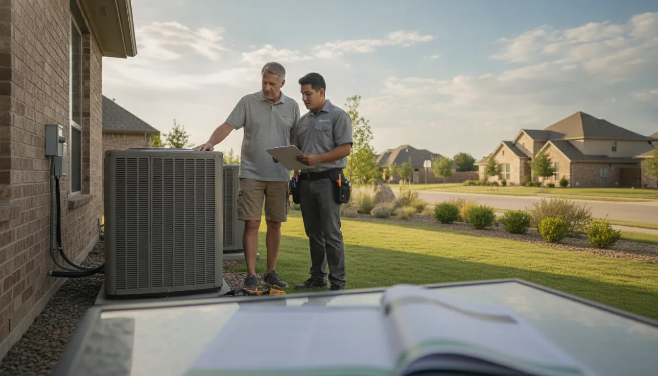 HVAC technician performing seasonal heating system maintenance in a home