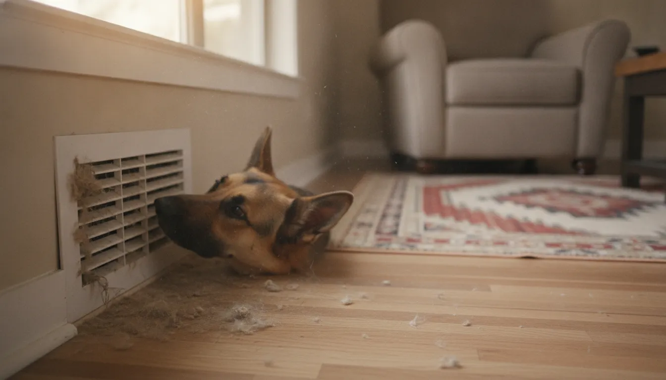 Family pet near an HVAC return vent showing how pet dander can affect indoor air quality