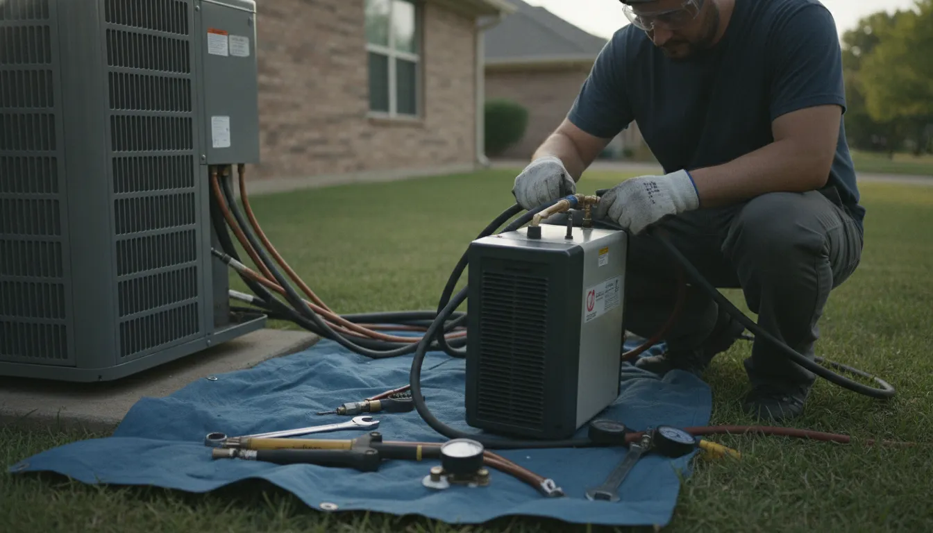 Technician preparing an old AC system for refrigerant recovery and removal