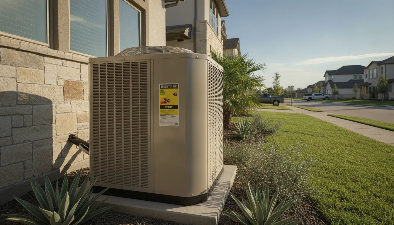 Modern air conditioning condenser unit installed outside a Texas home with visible SEER efficiency rating