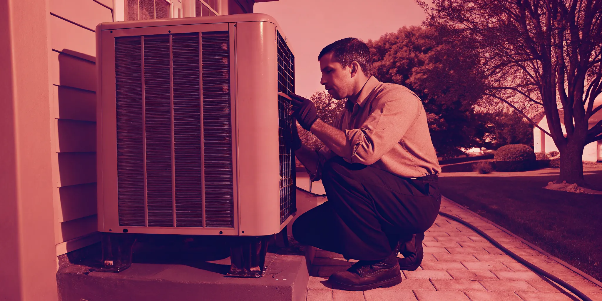 HVAC technician safely inspecting a residential heat pump