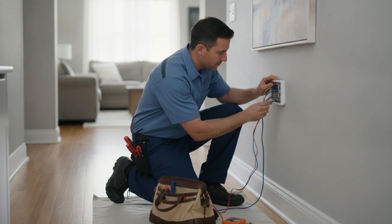 HVAC technician installing a smart thermostat on a DFW home wall