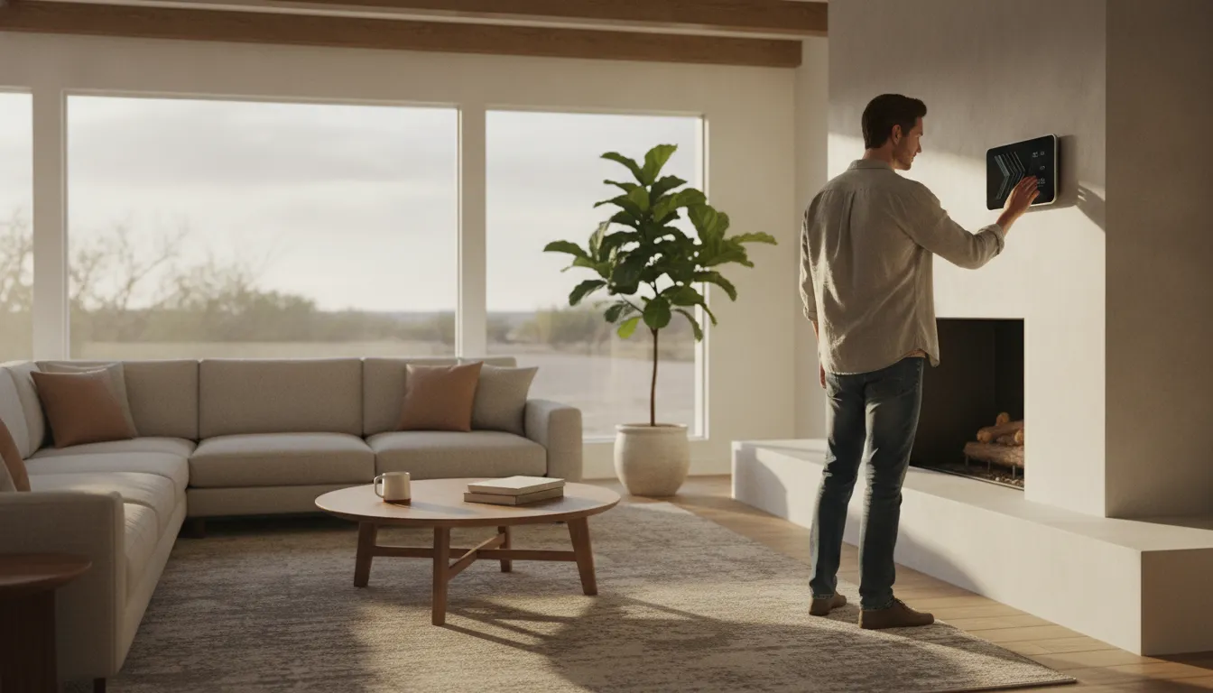Homeowner checking their thermostat in a bright Texas living room