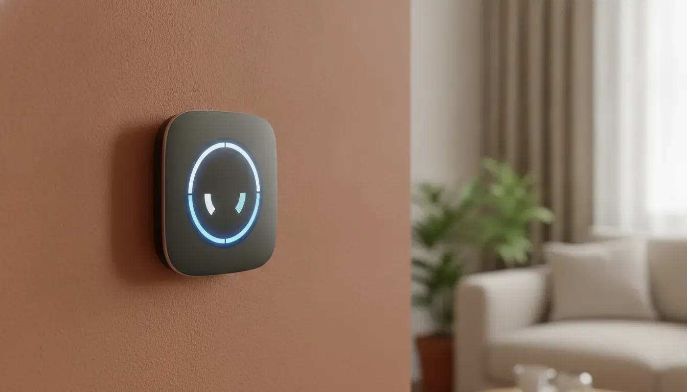 Smart thermostat showing temperature settings for a dual-fuel heating system in a DFW living room