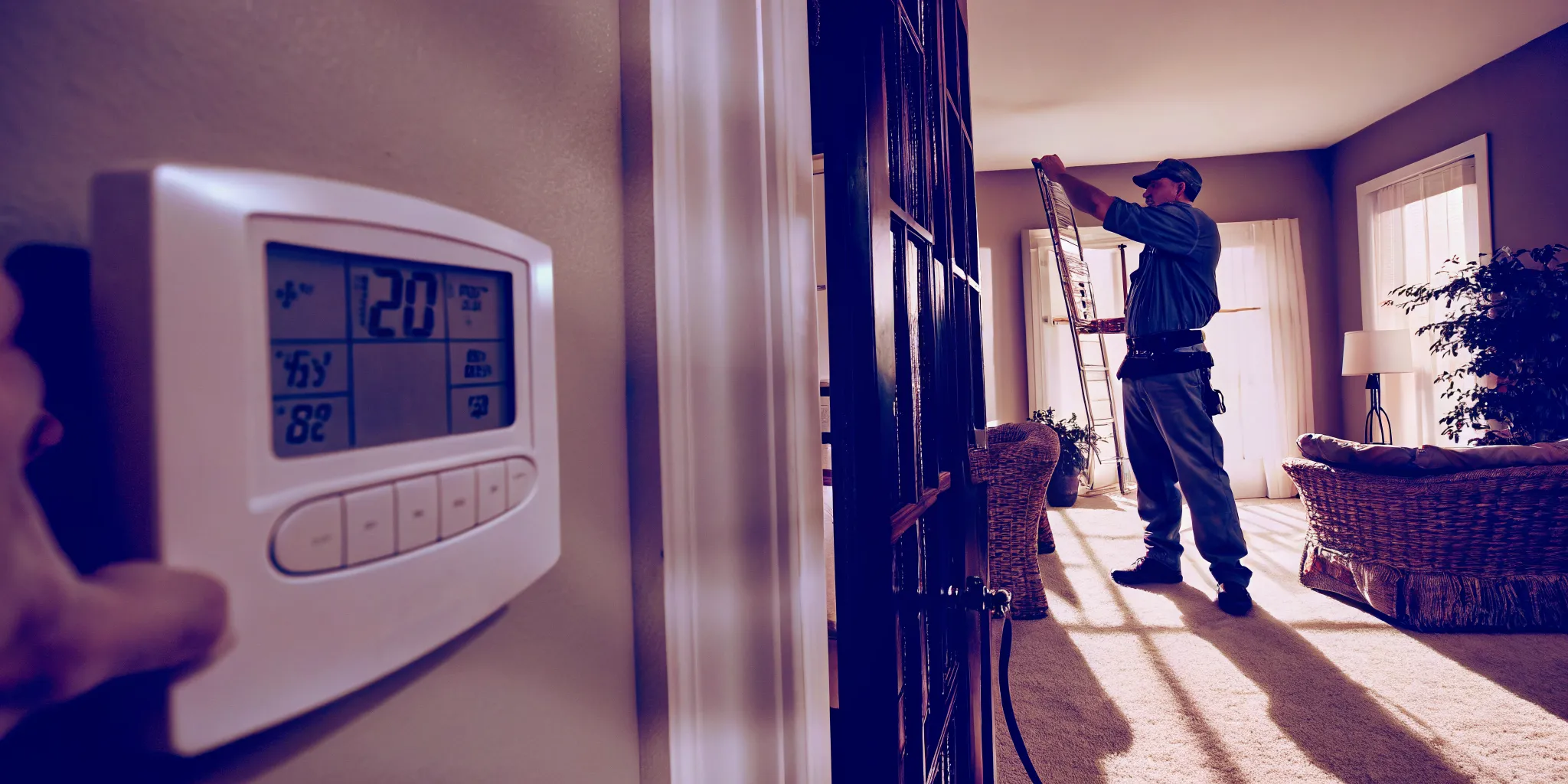 HVAC technician performing an AC maintenance inspection with a digital thermometer