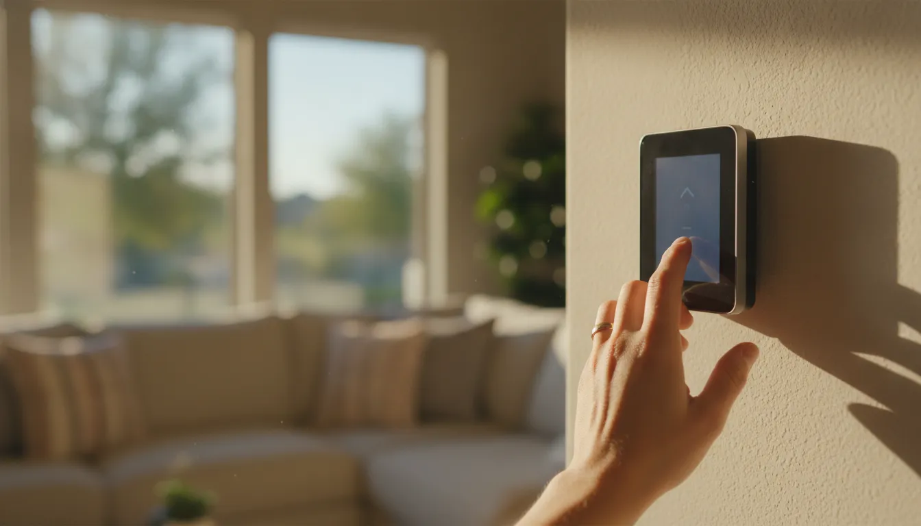 Homeowner adjusting a smart thermostat on a Texas living room wall