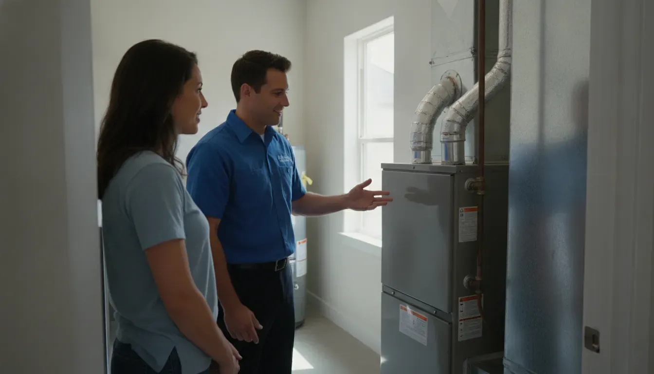 HVAC technician explaining a new furnace installation to a DFW homeowner