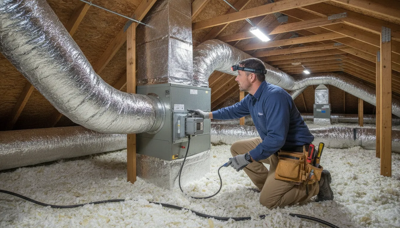 Technician inspecting HVAC ductwork and a motorized damper in a DFW attic