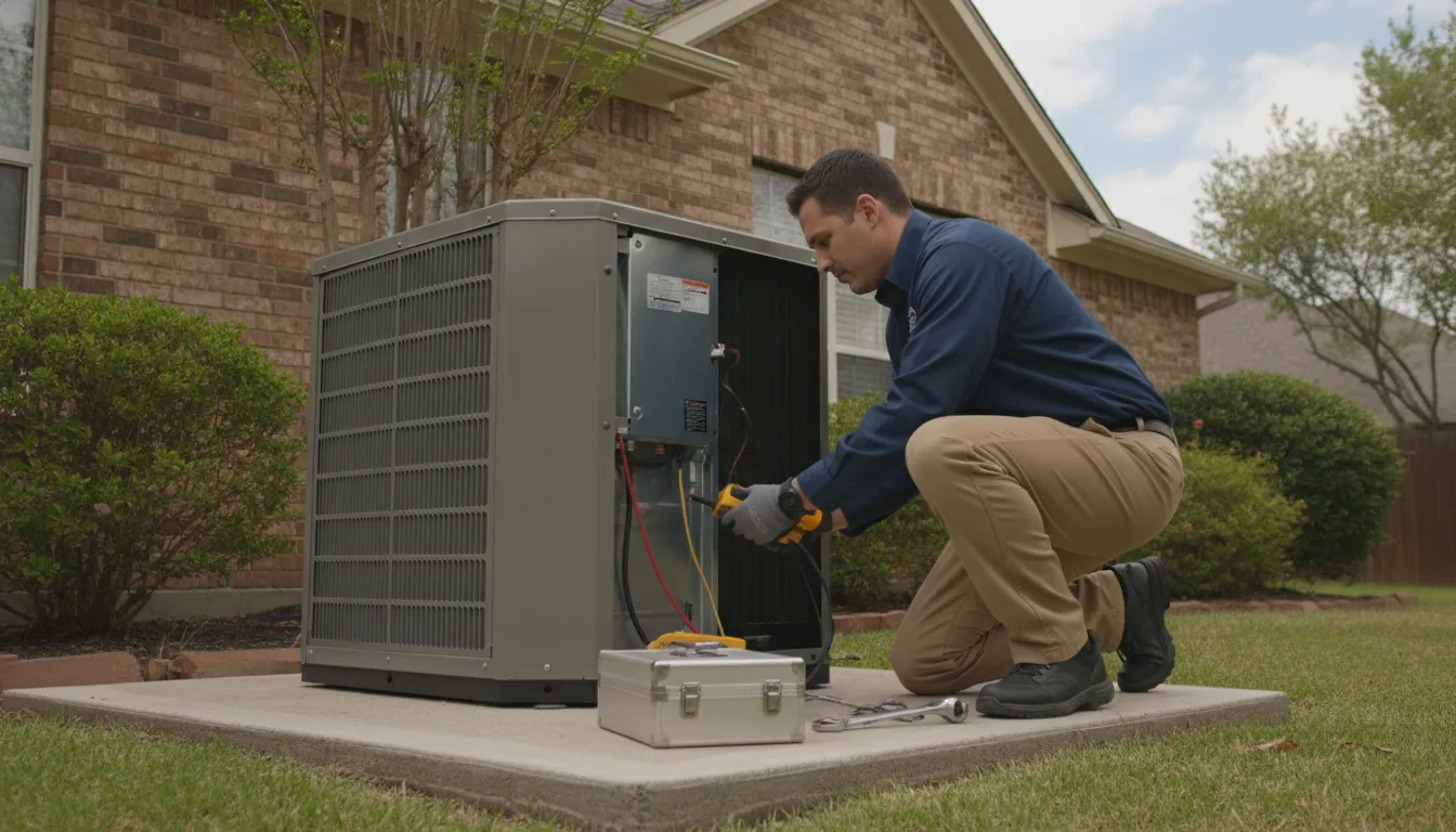HVAC technician inspecting a new central air conditioner condenser unit beside a Dallas-Fort Worth home in mild spring weather