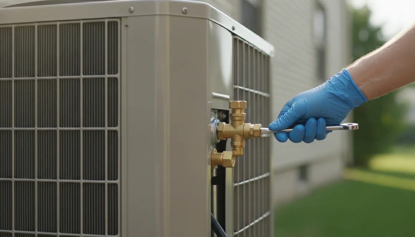 Technician checking service valves on a modern AC condenser unit during a DFW installation