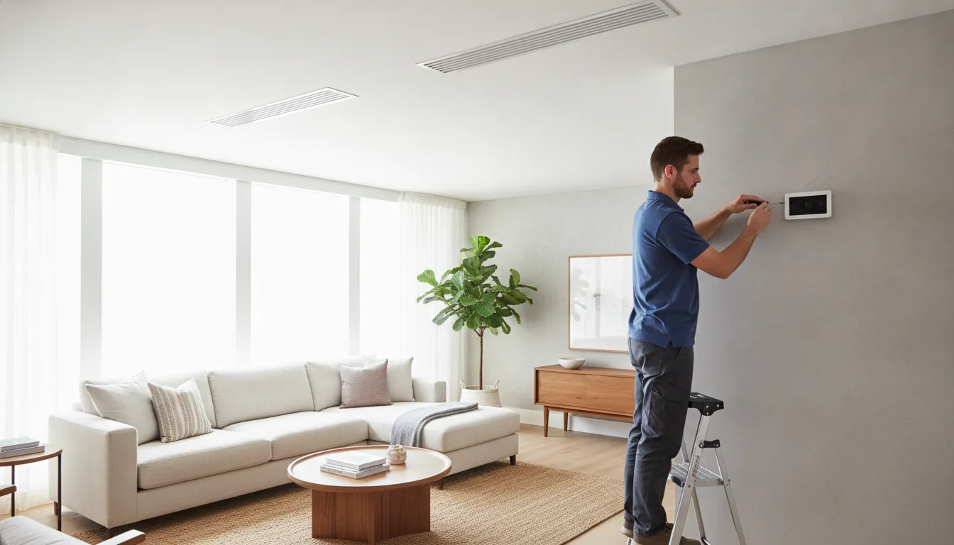 Home thermostat and ductwork vents in a comfortable DFW living room