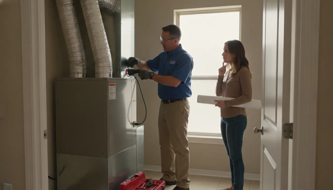 Technician inspecting an indoor air handler and duct connection in a North Texas home