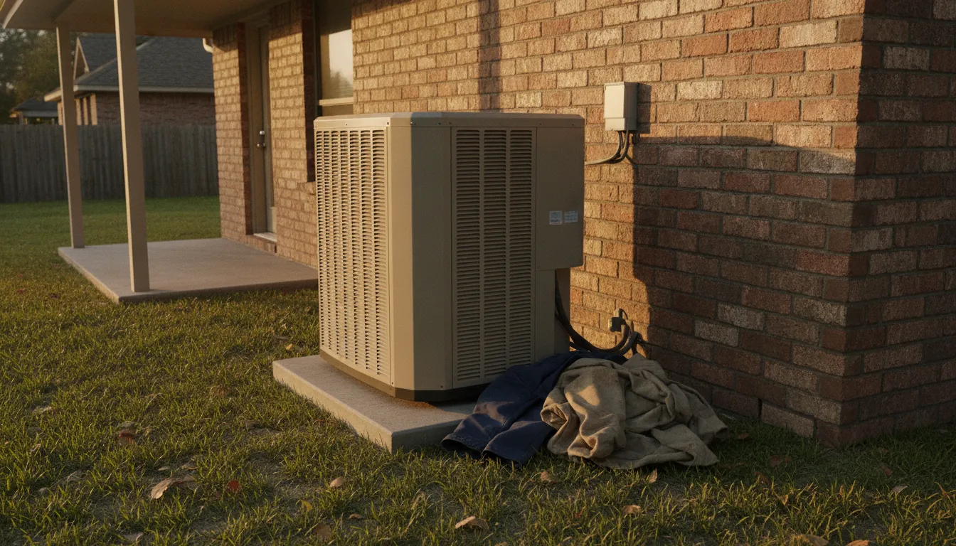 Clean residential condenser on a pad beside a brick North Texas home
