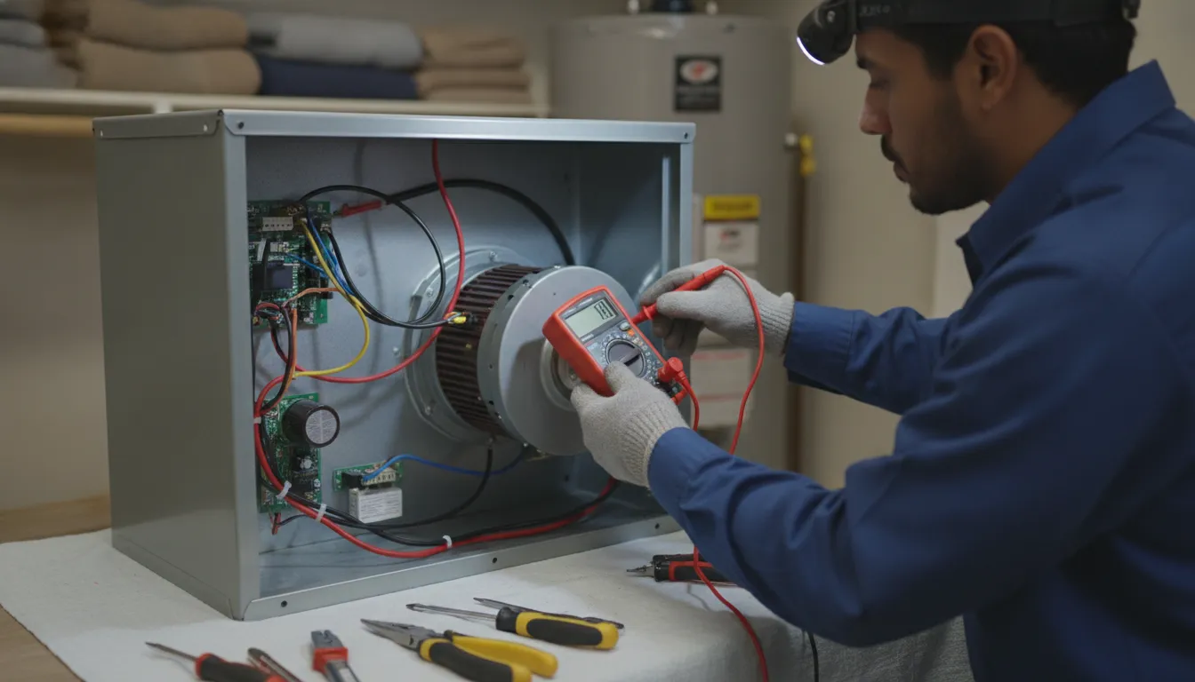 Technician inspecting an AC air handler and blower assembly