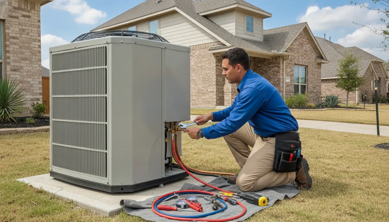 Carrier heat pump outdoor unit serving a Texas home, with a technician checking the system