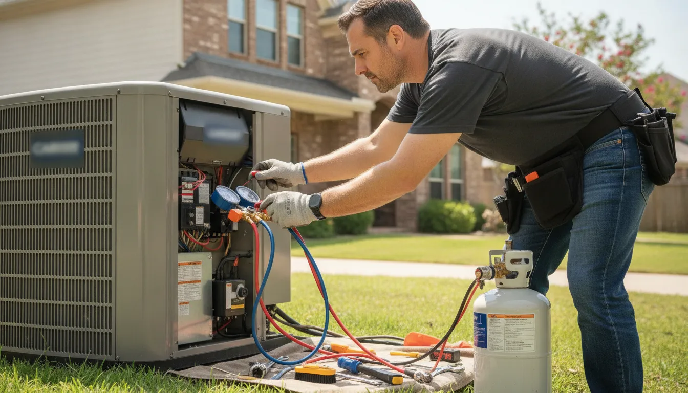 Technician checking an outdoor Carrier AC replacement unit