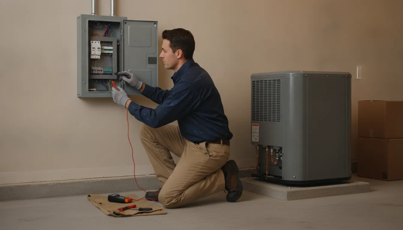 Technician checking an electrical panel beside a new heat pump condenser