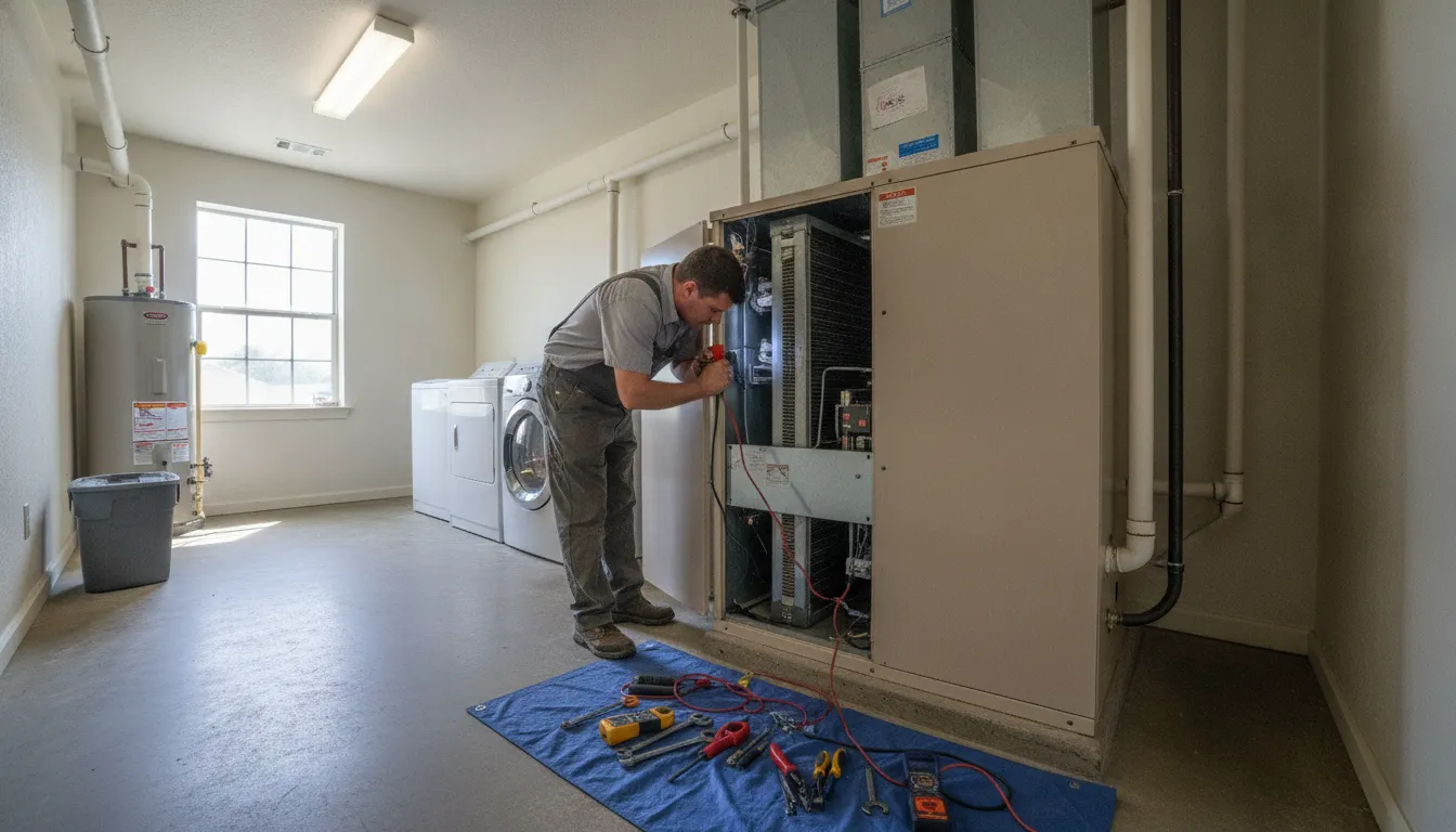 HVAC technician inspecting a central air conditioner air handler