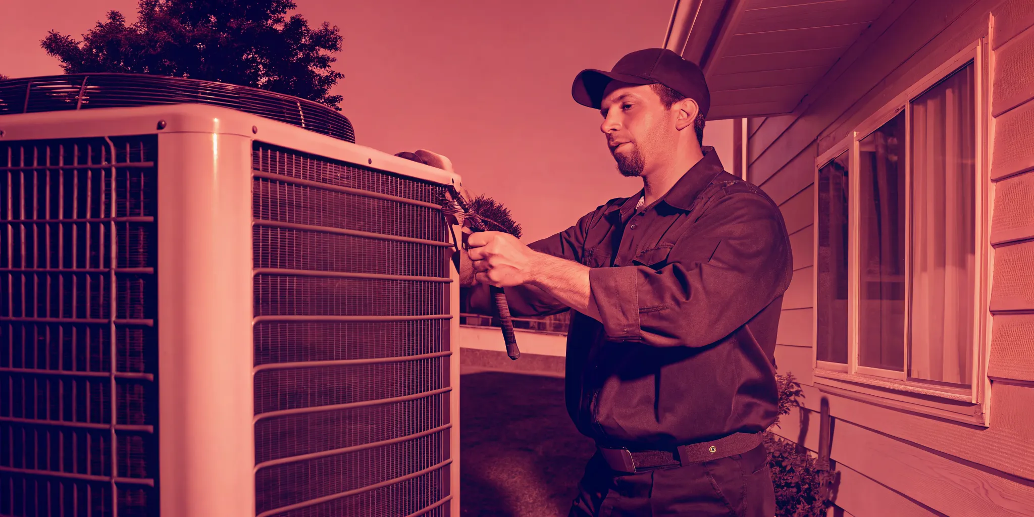 An HVAC technician inspecting a residential outdoor AC unit