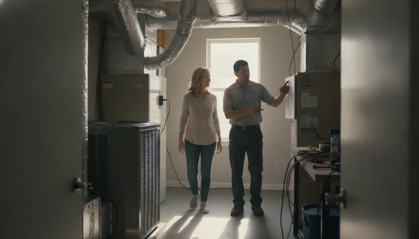 DFW homeowner discussing AC replacement options with an HVAC professional