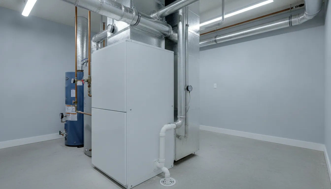 High-efficiency gas furnace unit in a home mechanical room