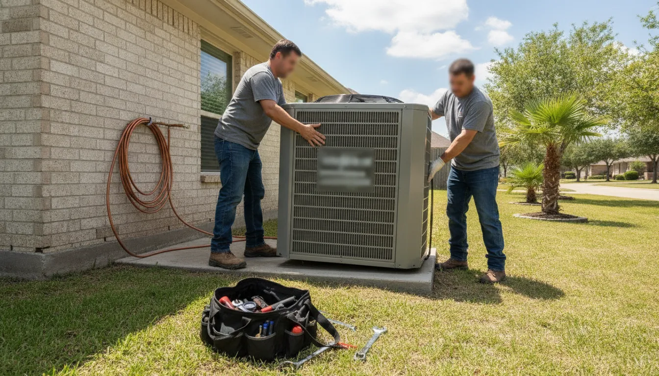 HVAC installers placing a new central air conditioner condenser unit on a concrete pad beside a Texas home during shoulder-season installation
