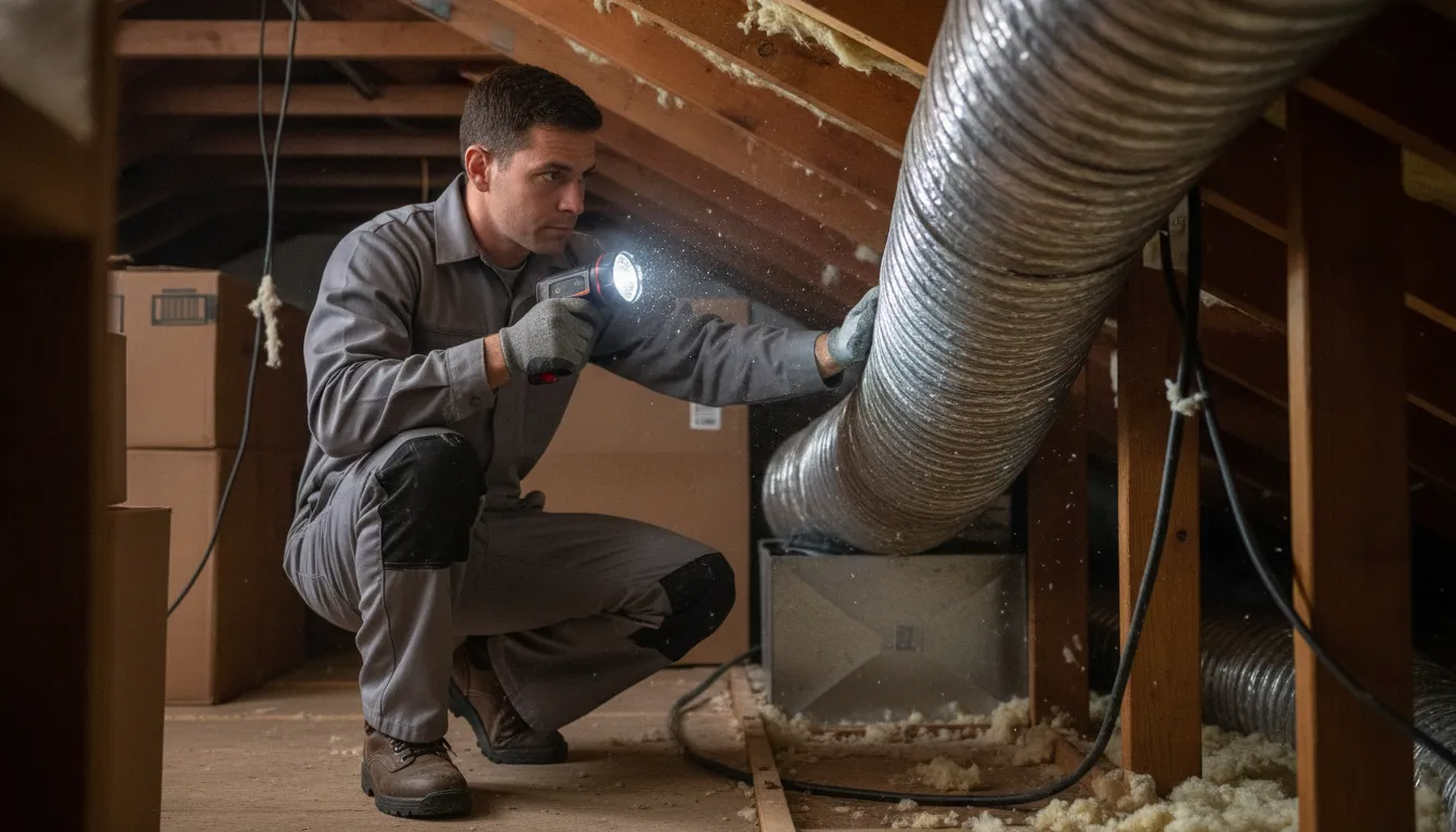Technician inspecting sealed air ductwork with a flashlight