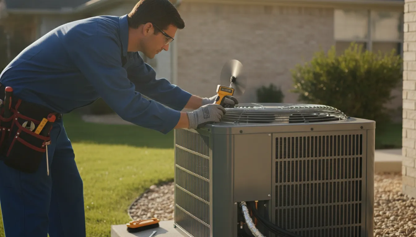 HVAC technician checking connections on an outdoor condenser beside a DFW home