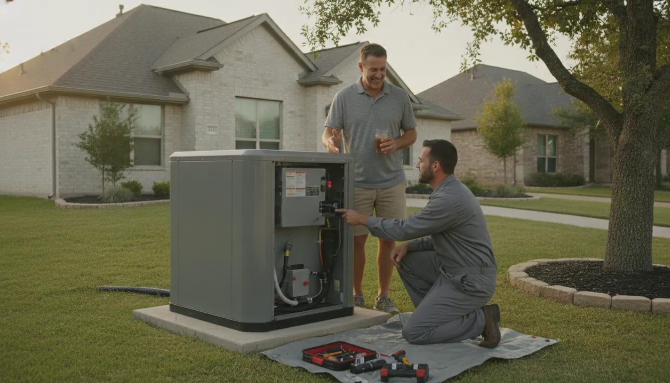 Technician assessing a Carrier heat pump system at a Texas home