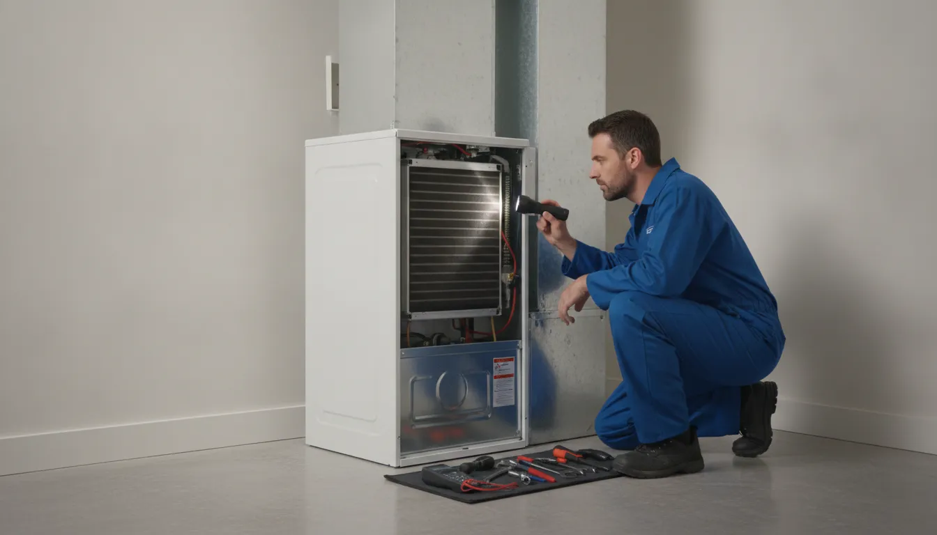 HVAC technician inspecting furnace components before replacement