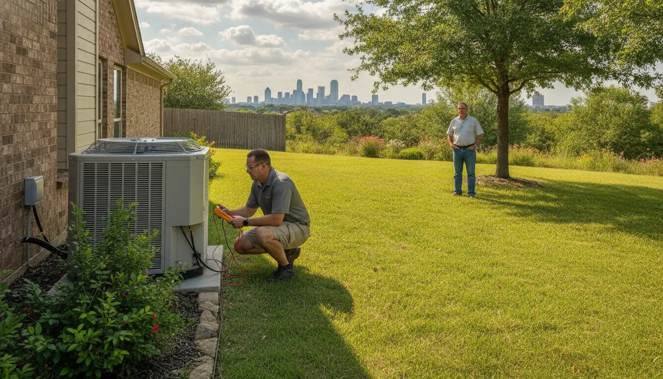 Technician testing an outdoor central AC condenser