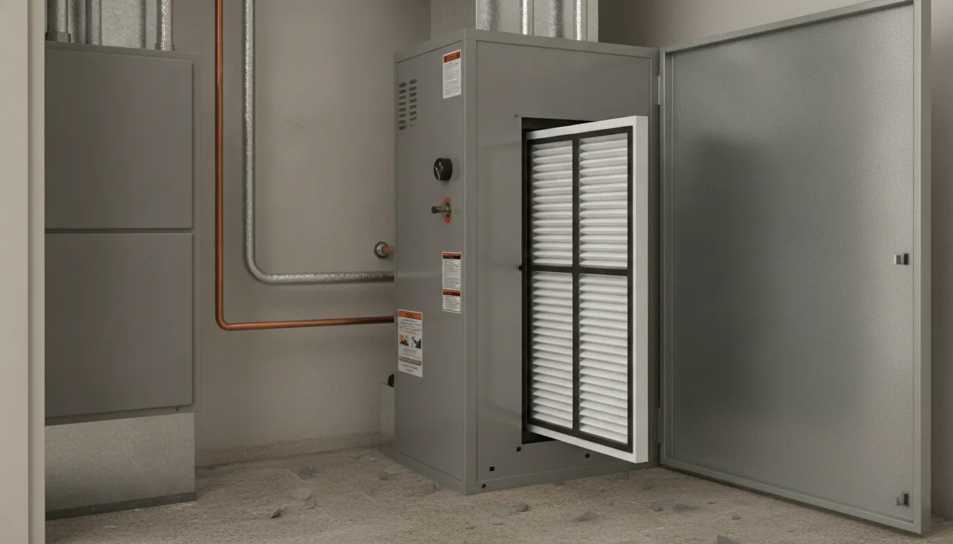 Open residential air handler closet with a clean filter slot in a North Texas home