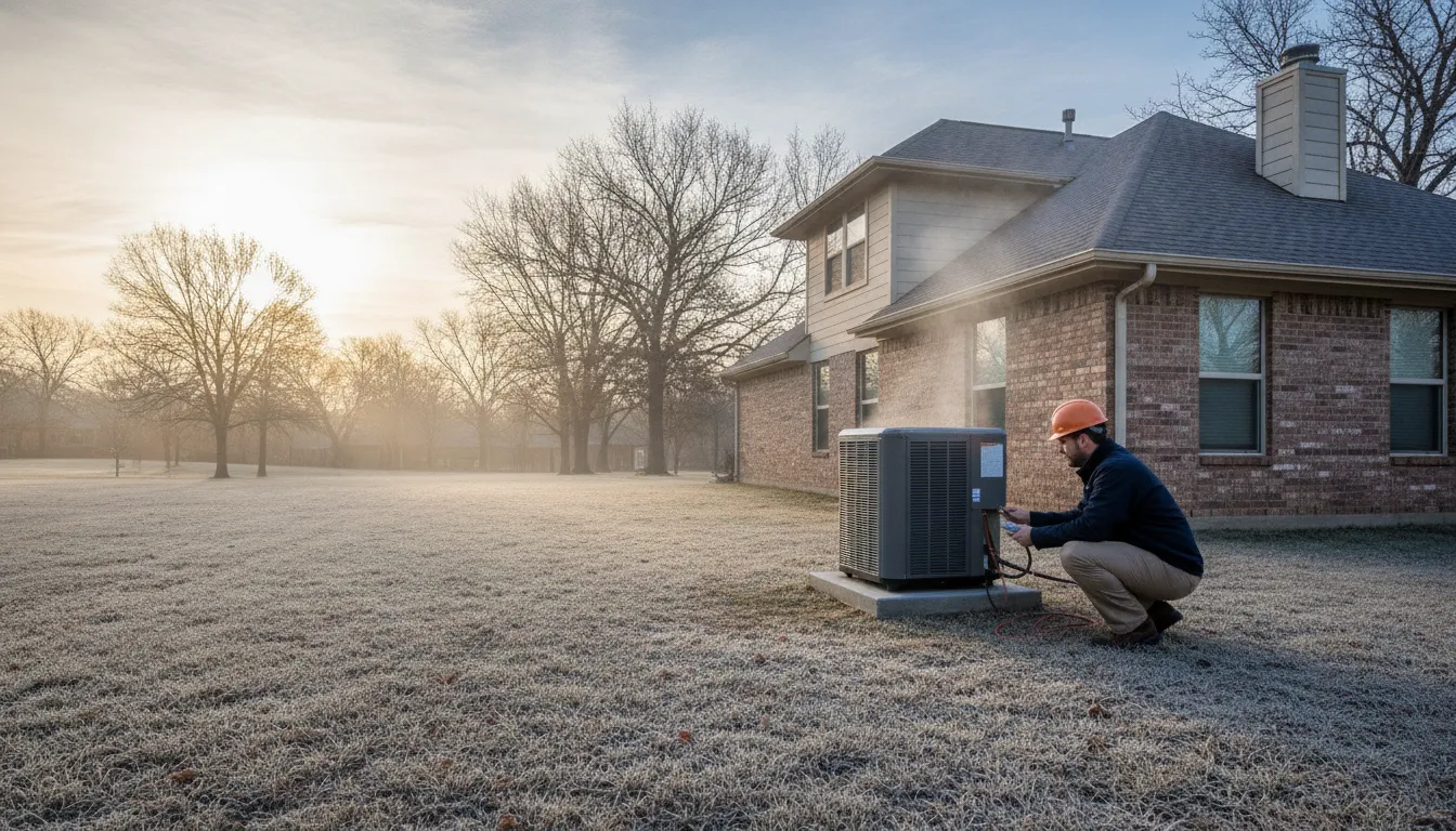 Heat pump equipment on a mild North Texas winter morning