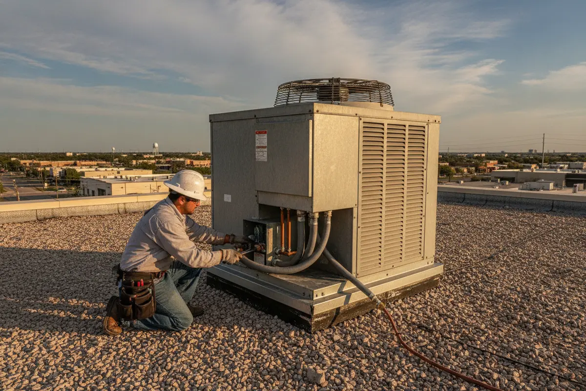 Packaged rooftop HVAC equipment being connected during a commercial installation