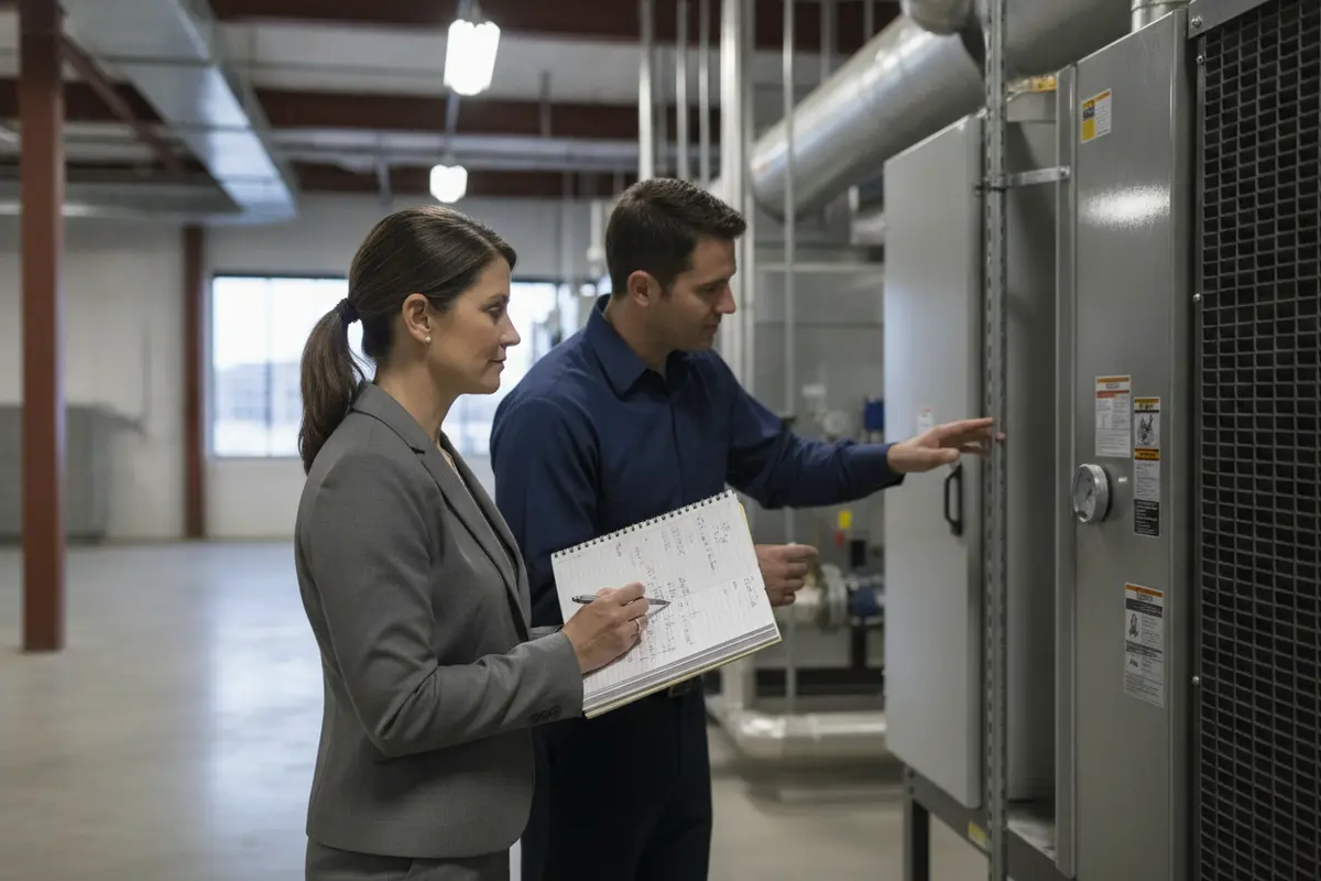 Property owner explaining HVAC access and repair details to a technician