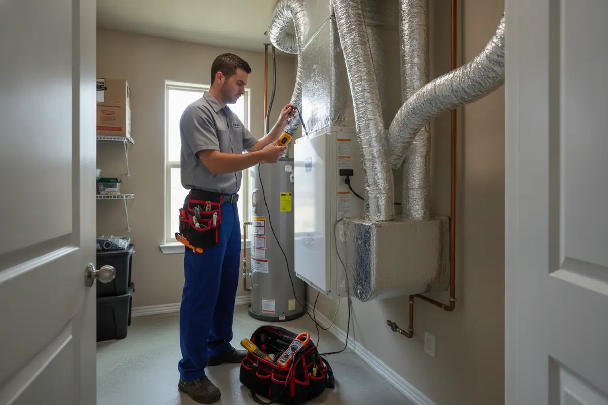 Technician assessing an indoor HVAC system and duct connections