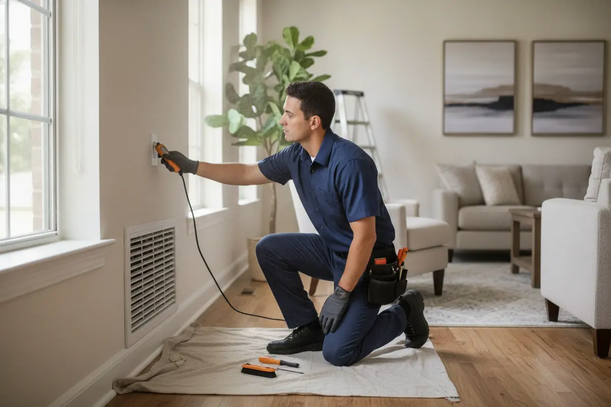 Technician checking a supply register and return grille in a home