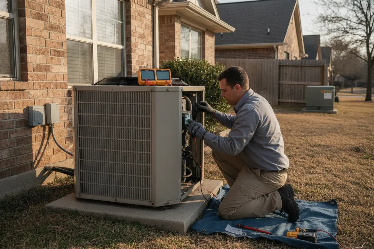 Technician checking an outdoor air conditioner during a replacement assessment