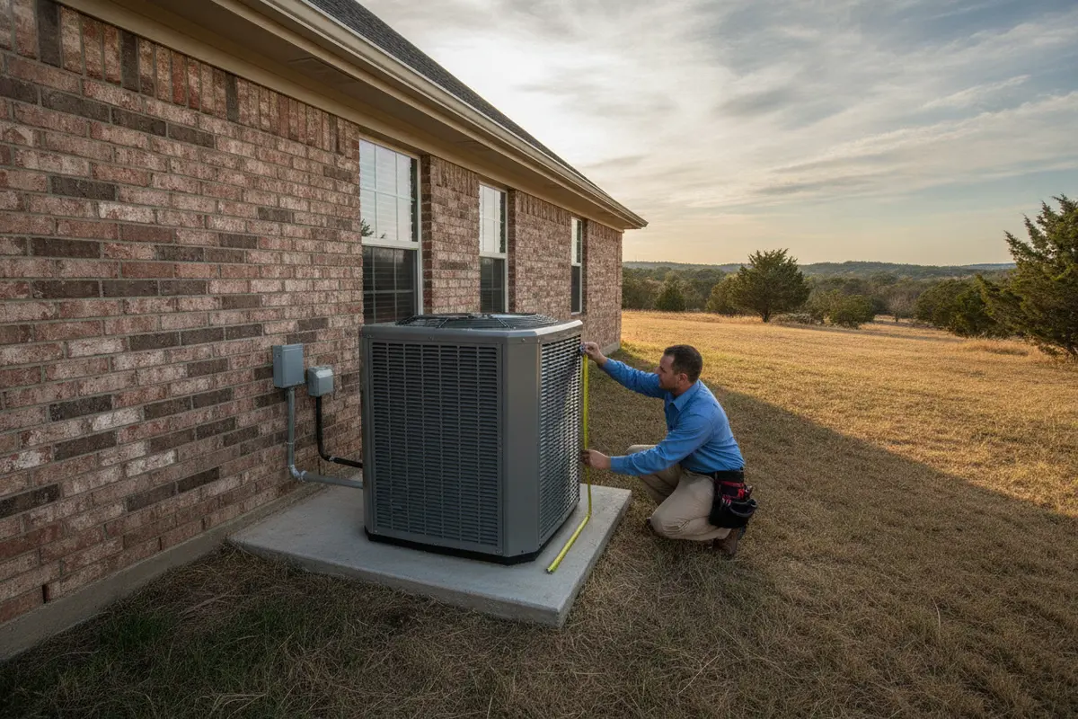 Technician checking outdoor condenser placement as part of a new AC installation