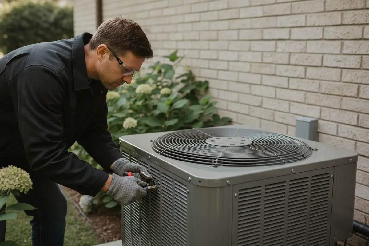 Technician connecting a new central air conditioner outside a residential home