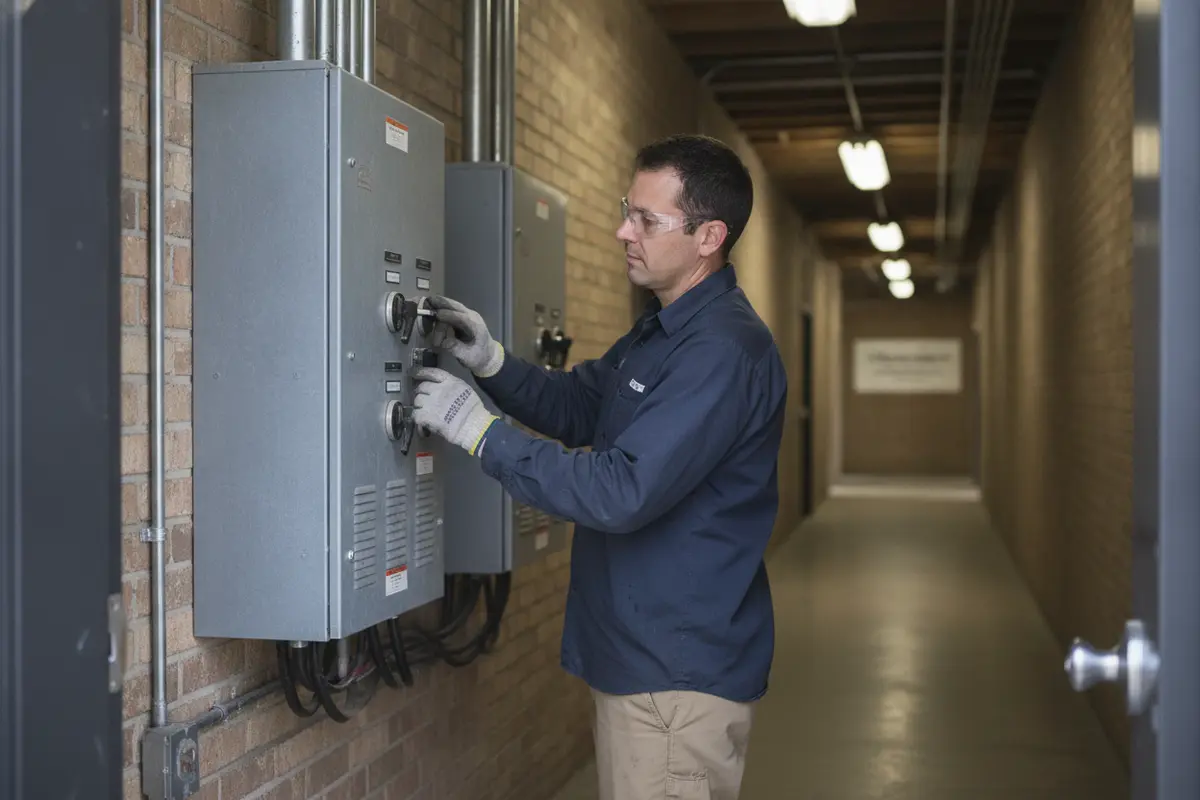Technician examining HVAC equipment and controls at a mixed-use property
