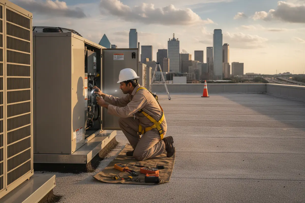 Technician inspecting rooftop HVAC equipment at a commercial property