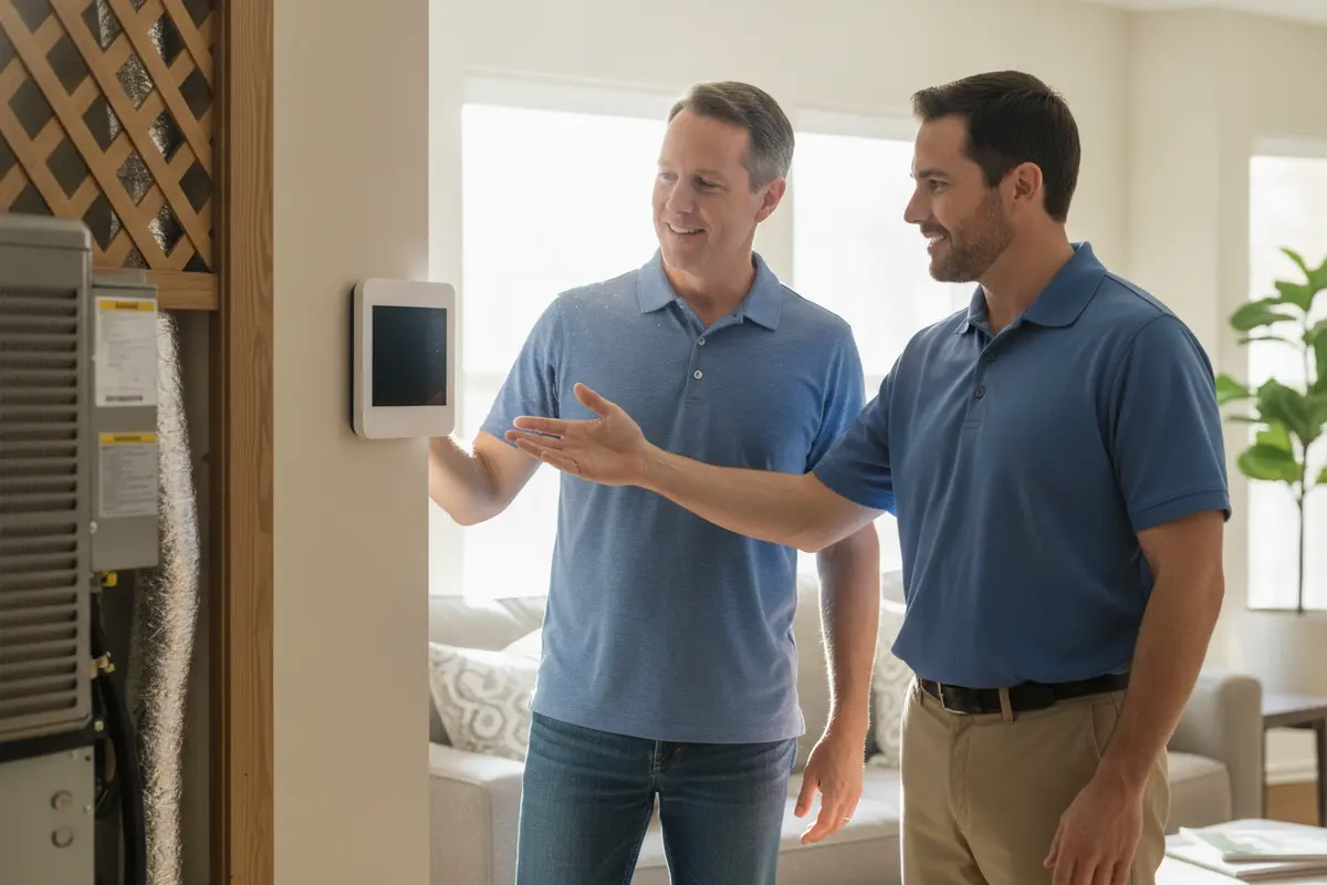 Technician showing a homeowner the thermostat after a new HVAC installation