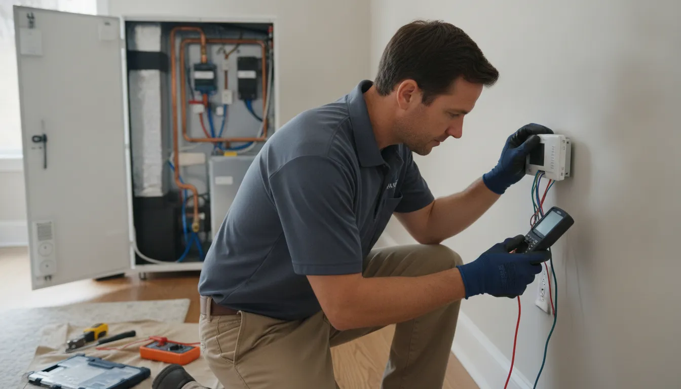 HVAC technician checking a wall thermostat in a DFW home