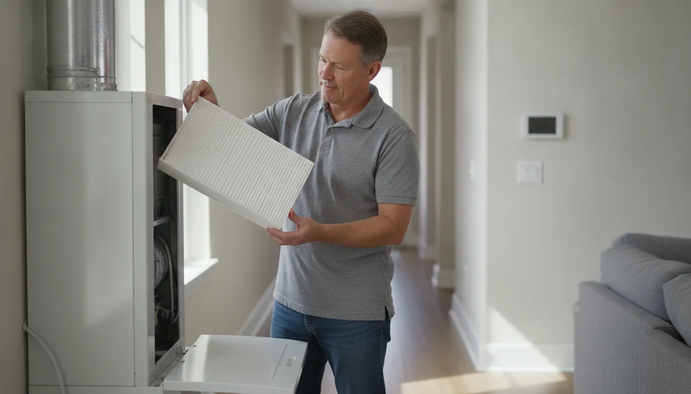 Homeowner checking an HVAC air filter near an indoor air handler